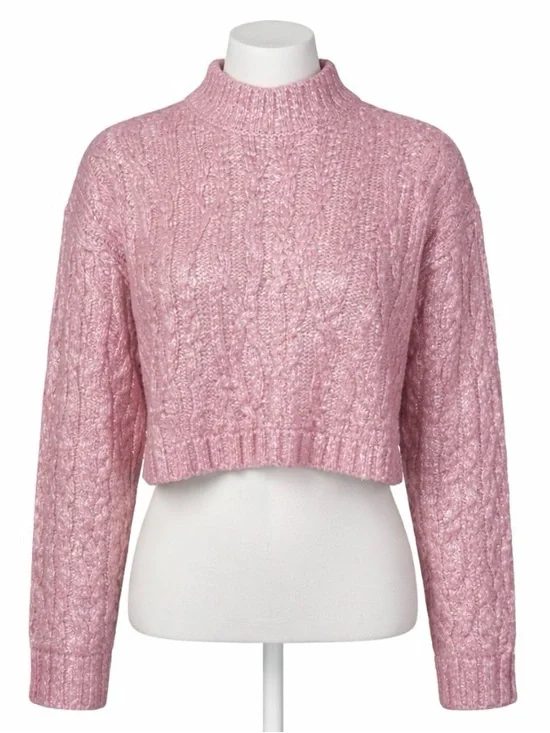 ZARA Girls Metallic Pink Cable Knit Cropped Sweater Shimmer Knit Mock Neck XS - Picture 3 of 9